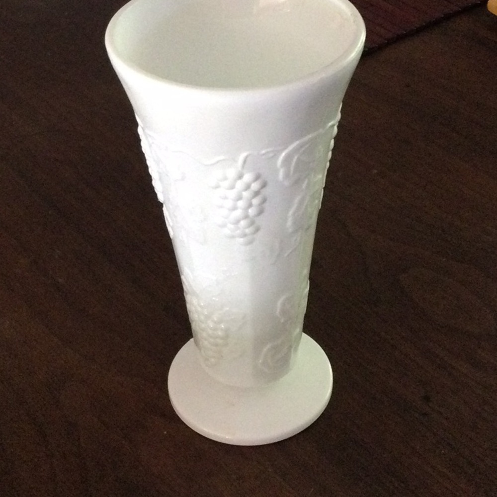 White Embossed Milk Glass Vase with Grape Motif